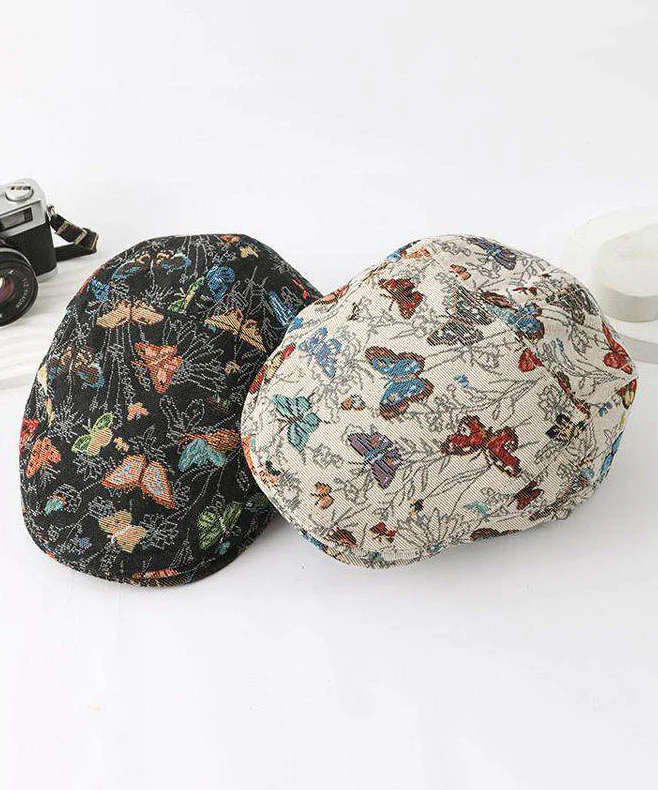 Women Beige Butterfly Jacquard Breton Hat - Image 4