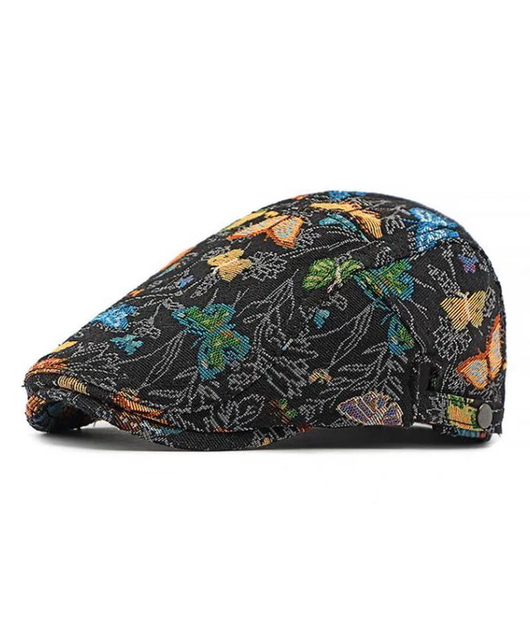Women Beige Butterfly Jacquard Breton Hat - Image 5