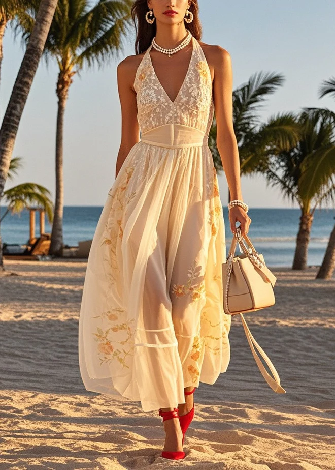 Women Beige Cold Shoulder Print Tulle Halter Dresses Summer - Image 5