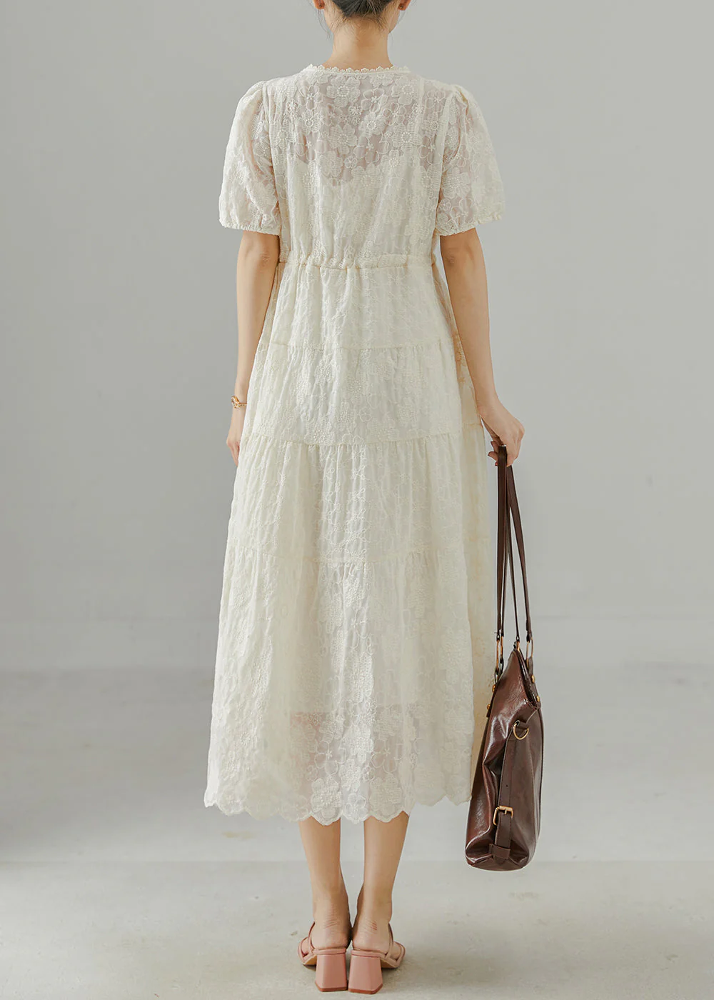 Women Beige Embroidered Cotton Cinched Dress Summer - Image 4