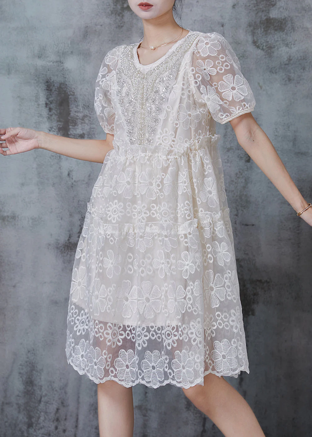 Women Beige Embroidered Nail Bead Tulle Party Dresses Summer - Image 2