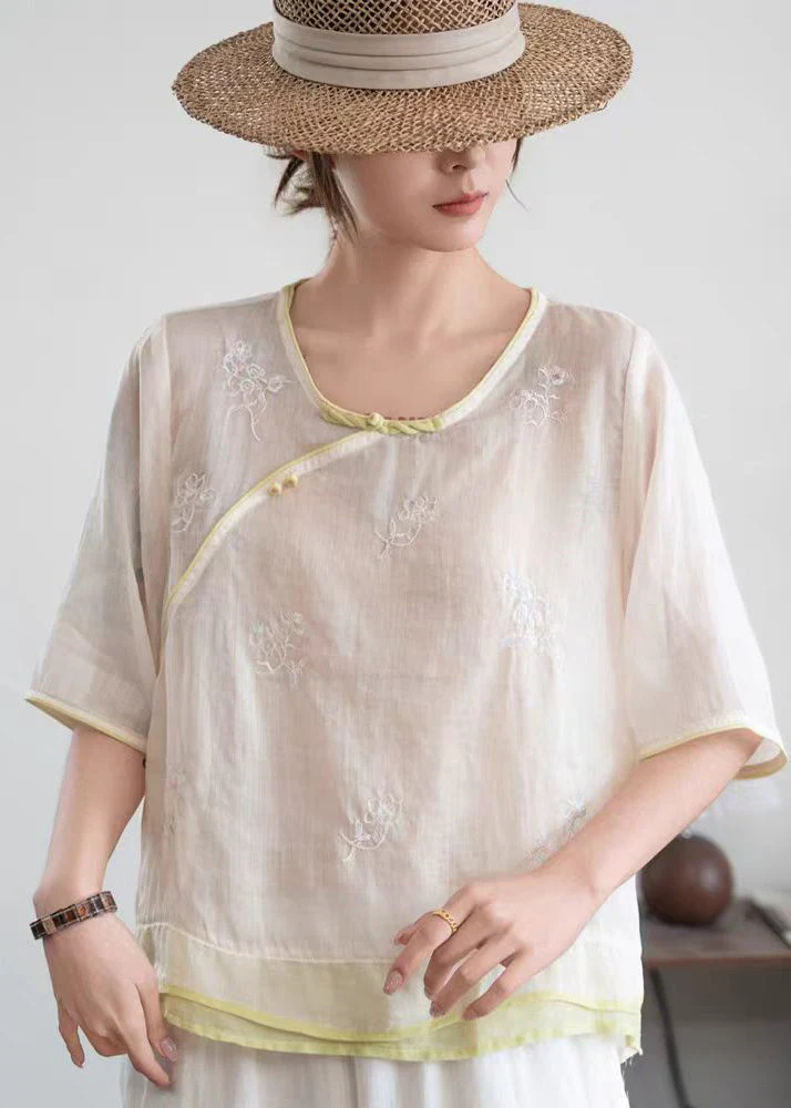 Women Beige Embroidered Patchwork Linen Oriental Shirt Summer - Image 3