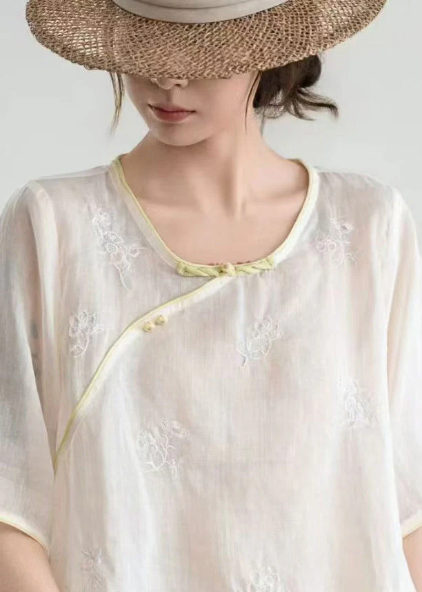 Women Beige Embroidered Patchwork Linen Oriental Shirt Summer - Image 4
