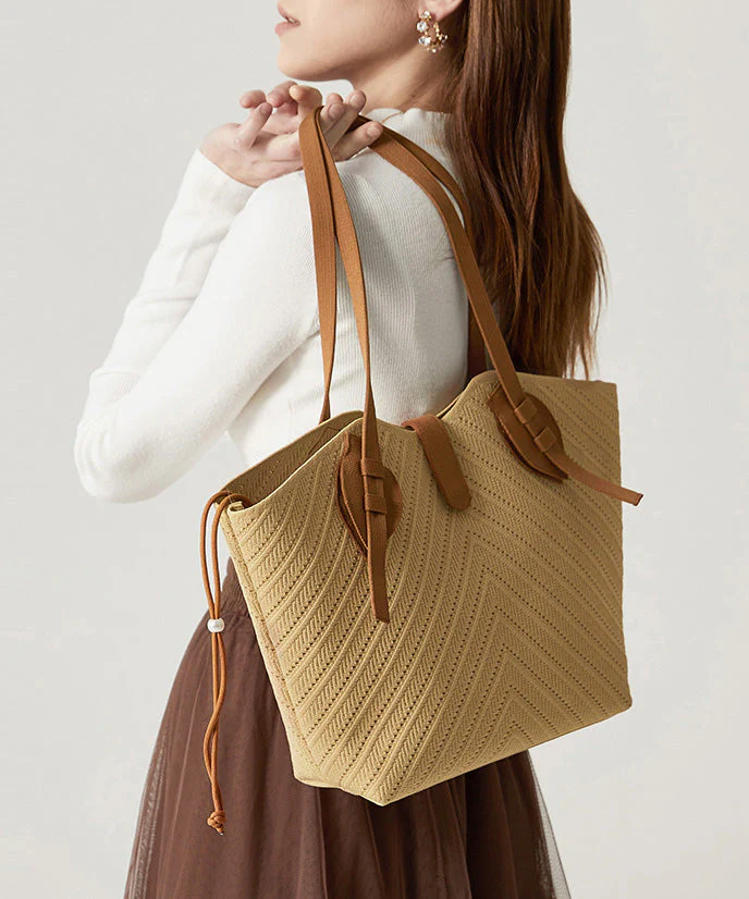 Women Beige Hollow Out Large Capacity Woven Women Shoulder Bags - Image 5