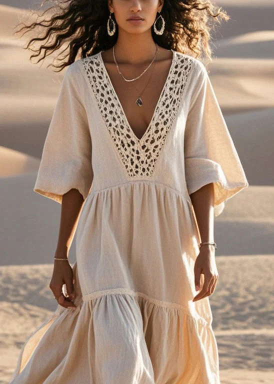 Women Beige Hollow Out Patchwork Cotton Loose Dress Summer - Image 2