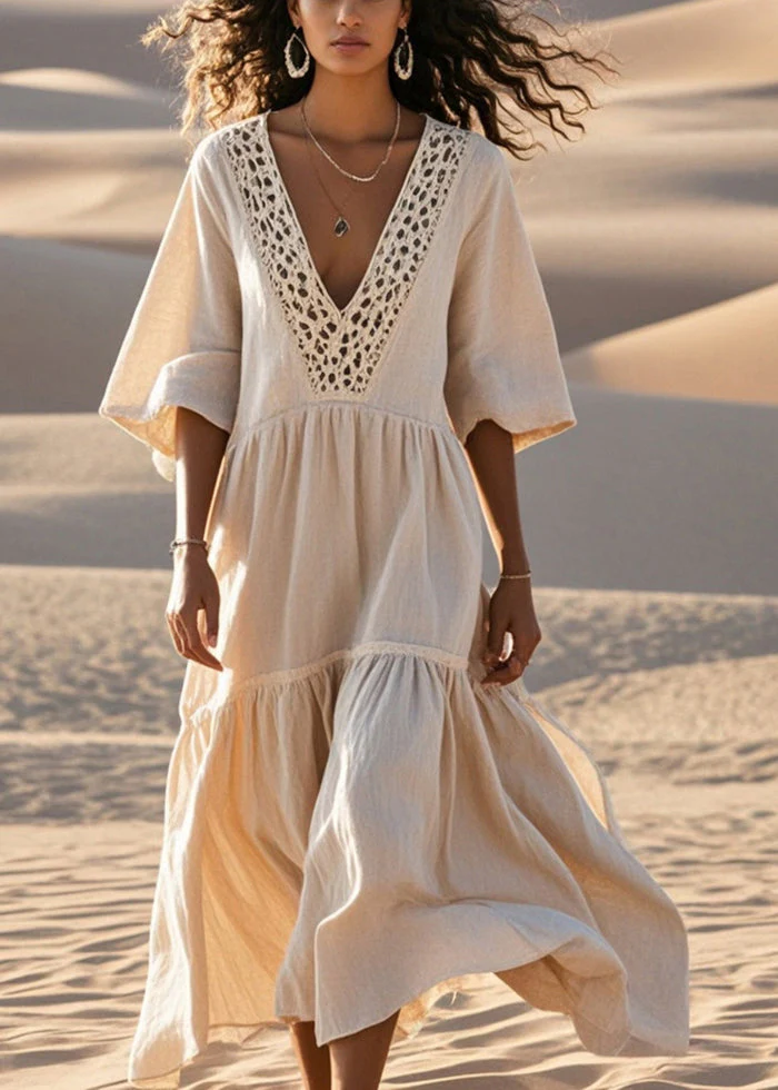 Women Beige Hollow Out Patchwork Cotton Loose Dress Summer - Image 3