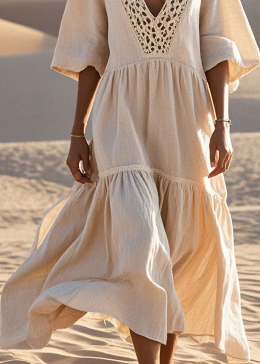 Women Beige Hollow Out Patchwork Cotton Loose Dress Summer - Image 4