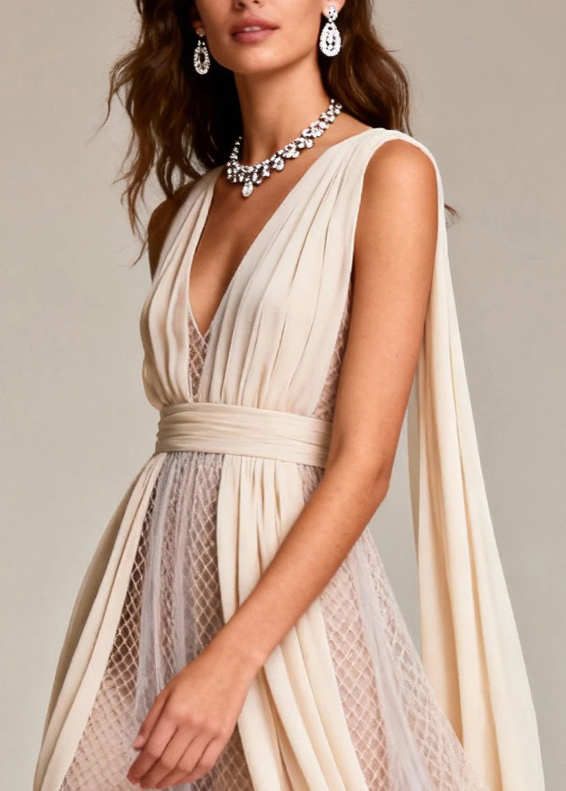 Women Beige Hollow Out Patchwork Tulle Evening Dress Summer - Image 2