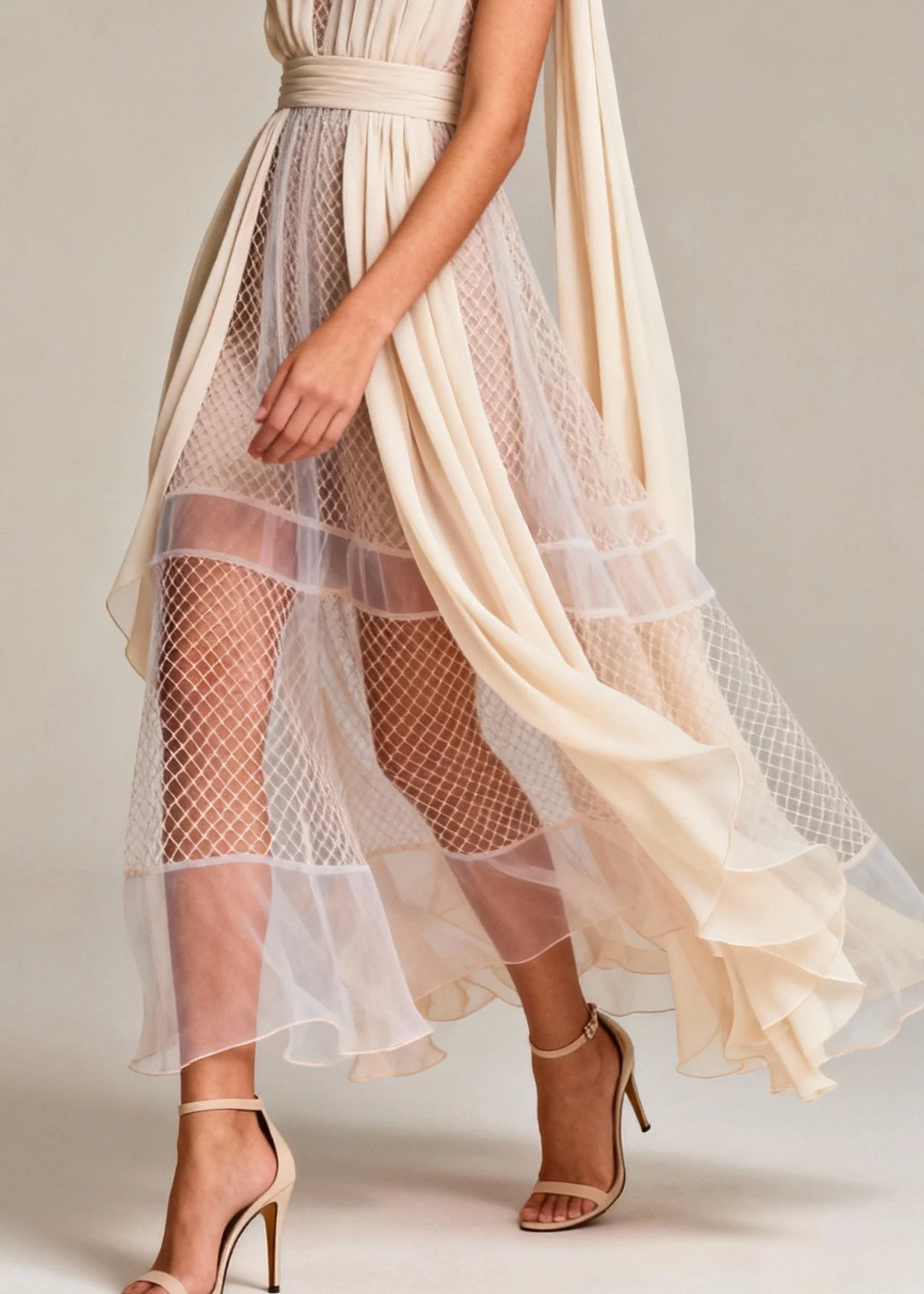 Women Beige Hollow Out Patchwork Tulle Evening Dress Summer - Image 4