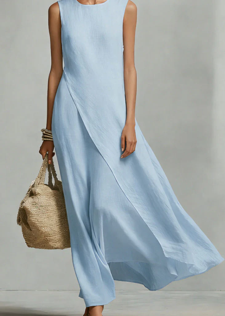 Women Beige O Neck Asymmetrical Cotton Dress Sleeveless - Image 5