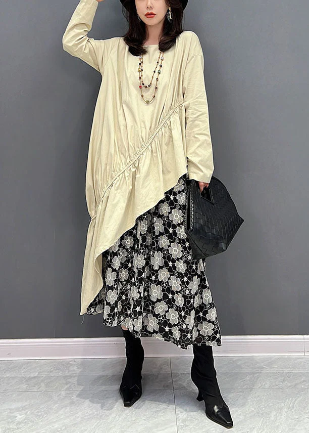 Women Beige O-Neck Asymmetrical Patchwork Ruffles Dresses Fall - Image 2