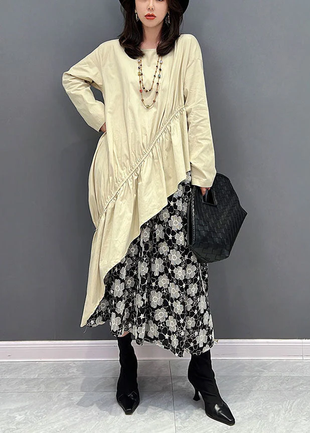 Women Beige O-Neck Asymmetrical Patchwork Ruffles Dresses Fall - Image 3