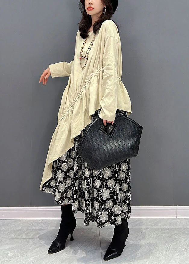 Women Beige O-Neck Asymmetrical Patchwork Ruffles Dresses Fall - Image 4