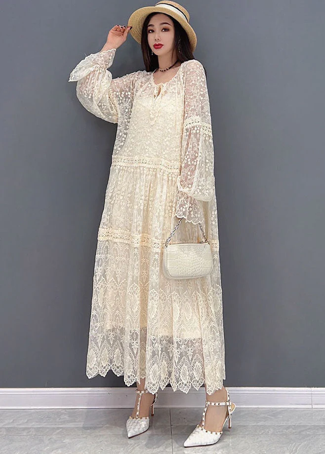 Women Beige O-Neck Hollow Out Lace Holiday Dress Long Sleeve - Image 2