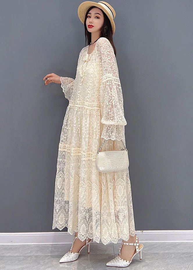 Women Beige O-Neck Hollow Out Lace Holiday Dress Long Sleeve - Image 3