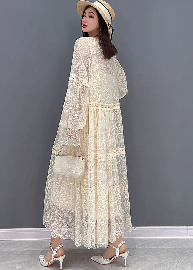 Women Beige O-Neck Hollow Out Lace Holiday Dress Long Sleeve - Image 4