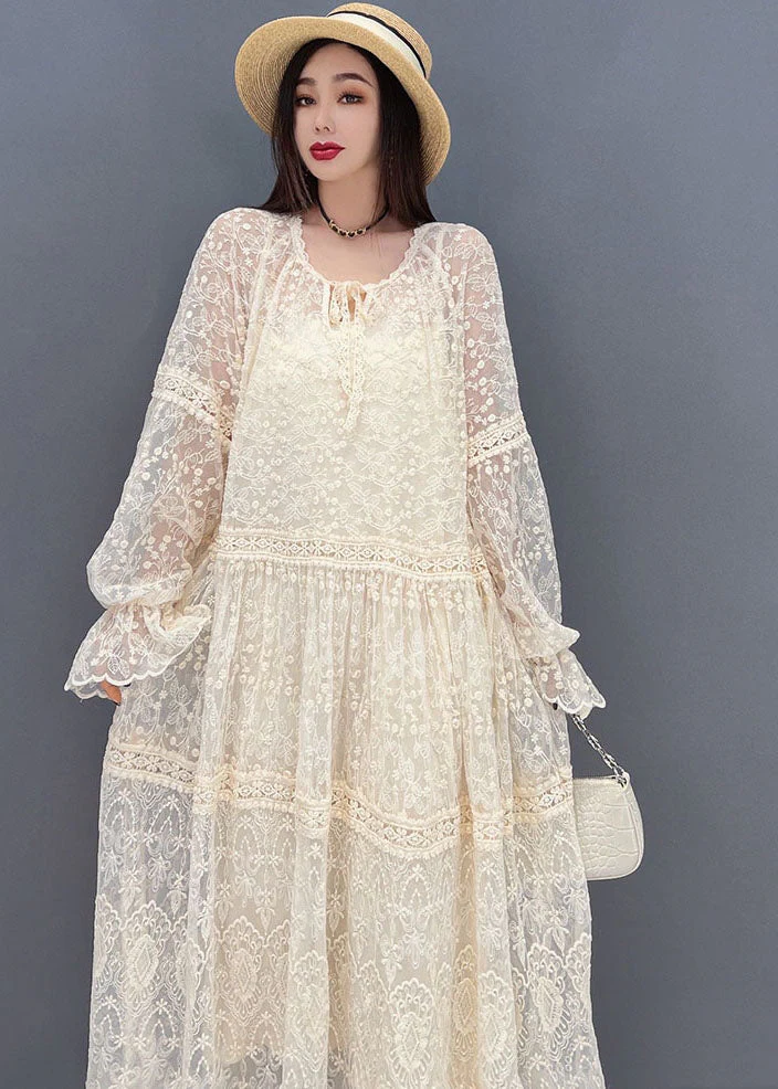 Women Beige O-Neck Hollow Out Lace Holiday Dress Long Sleeve - Image 5