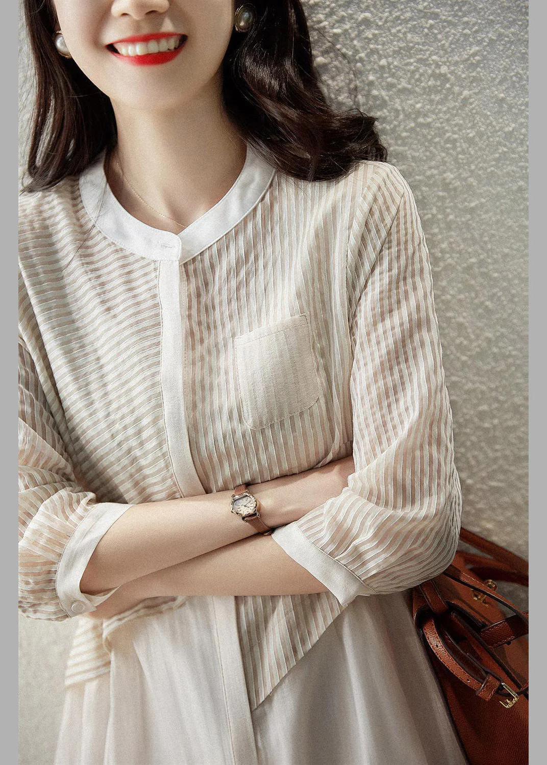 Women Beige O-Neck Striped Pockets Fake Two Pieces Tulle Dresses Long Sleeve - Image 3