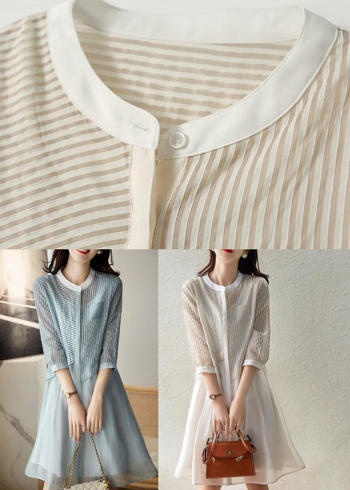 Women Beige O-Neck Striped Pockets Fake Two Pieces Tulle Dresses Long Sleeve - Image 4