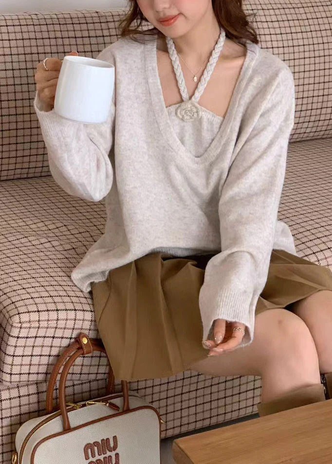 Women Beige Oversized Floral Knitted Tops Two Piece Suit Set Winter - Image 3