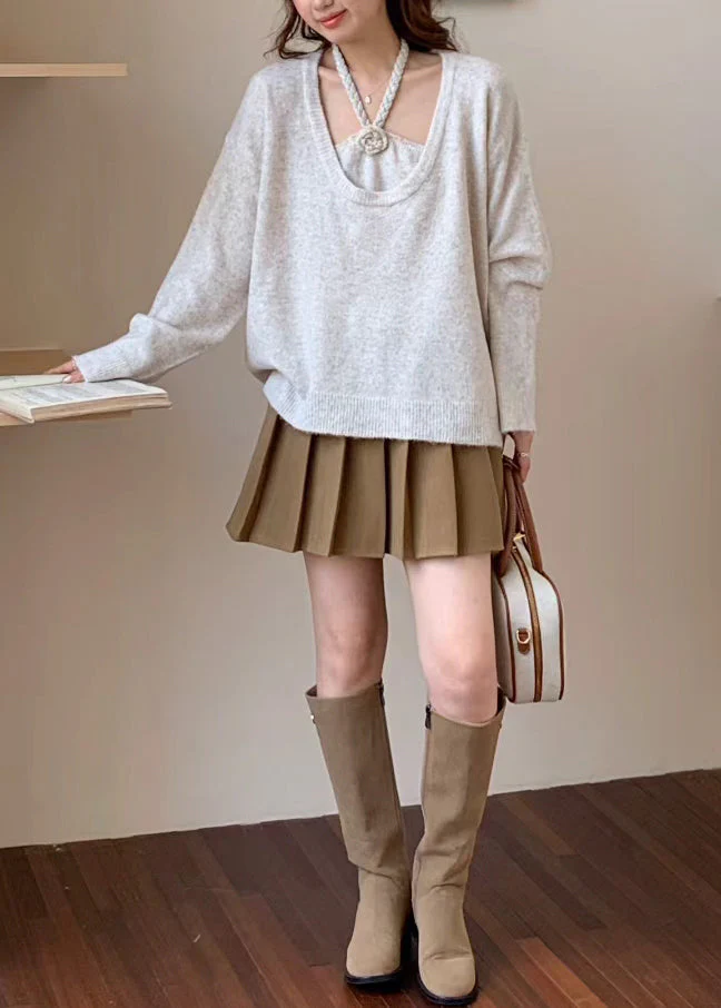 Women Beige Oversized Floral Knitted Tops Two Piece Suit Set Winter - Image 4