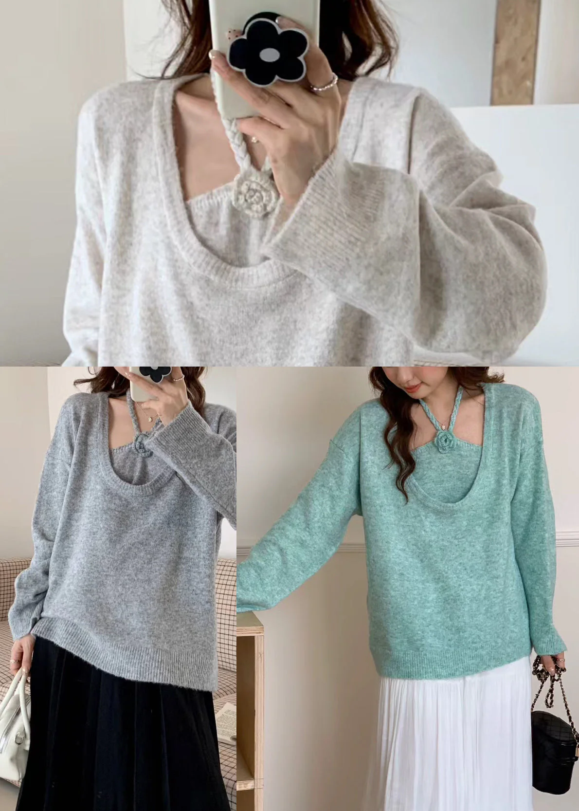 Women Beige Oversized Floral Knitted Tops Two Piece Suit Set Winter - Image 5