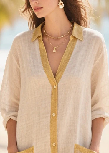 Women Beige Oversized Patchwork Cotton Mid Dress Summer - Image 2
