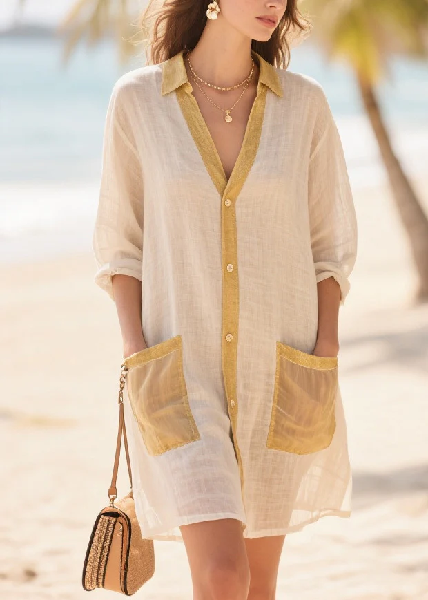 Women Beige Oversized Patchwork Cotton Mid Dress Summer - Image 3