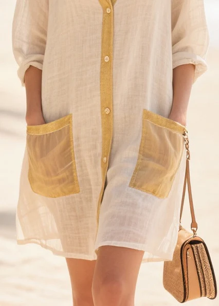 Women Beige Oversized Patchwork Cotton Mid Dress Summer - Image 4