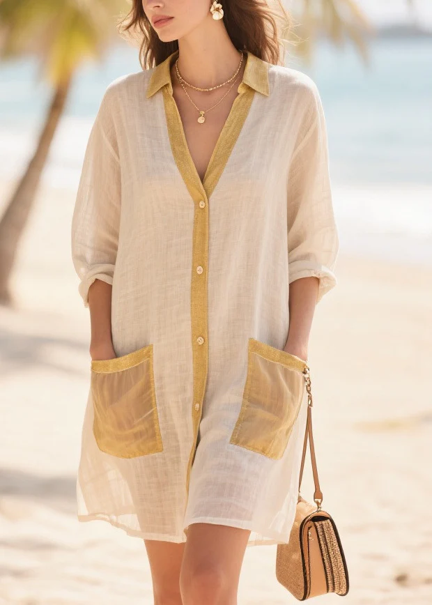 Women Beige Oversized Patchwork Cotton Mid Dress Summer - Image 5