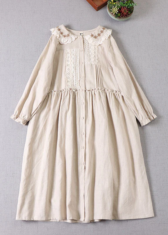 Women Beige Peter Pan Collar Ruffled Linen Dress Spring