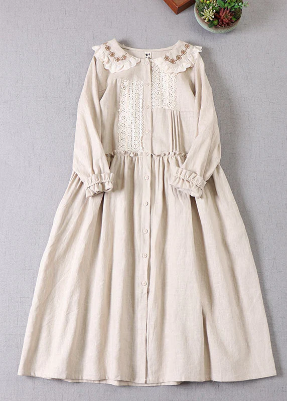 Women Beige Peter Pan Collar Ruffled Linen Dress Spring - Image 3