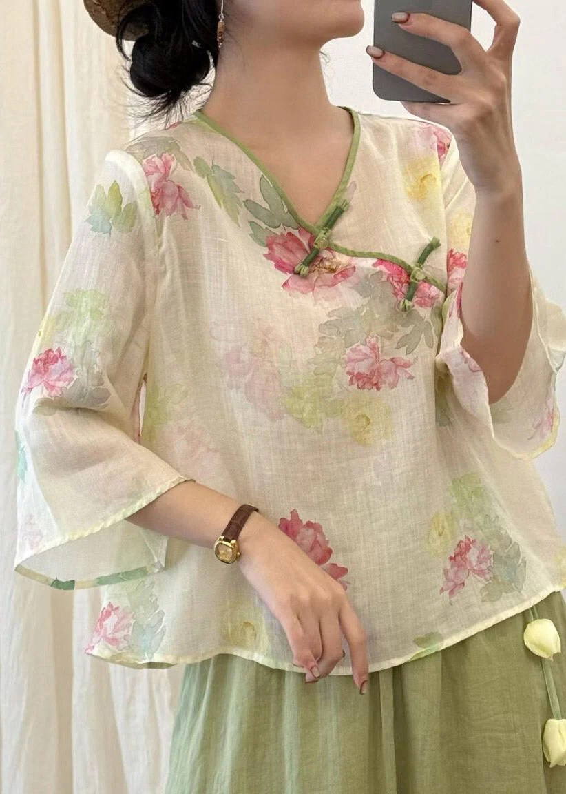 Women Beige Print Button Linen T Shirt Three Quarter Sleeve