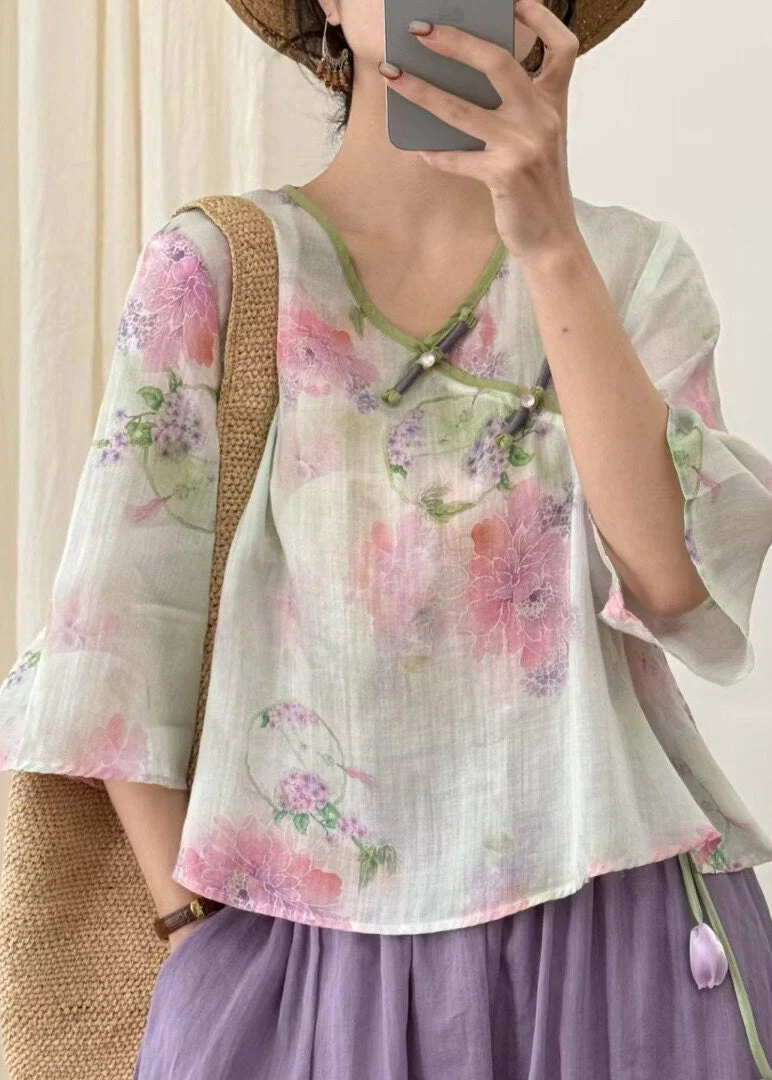 Women Beige Print Button Linen T Shirt Three Quarter Sleeve - Image 2