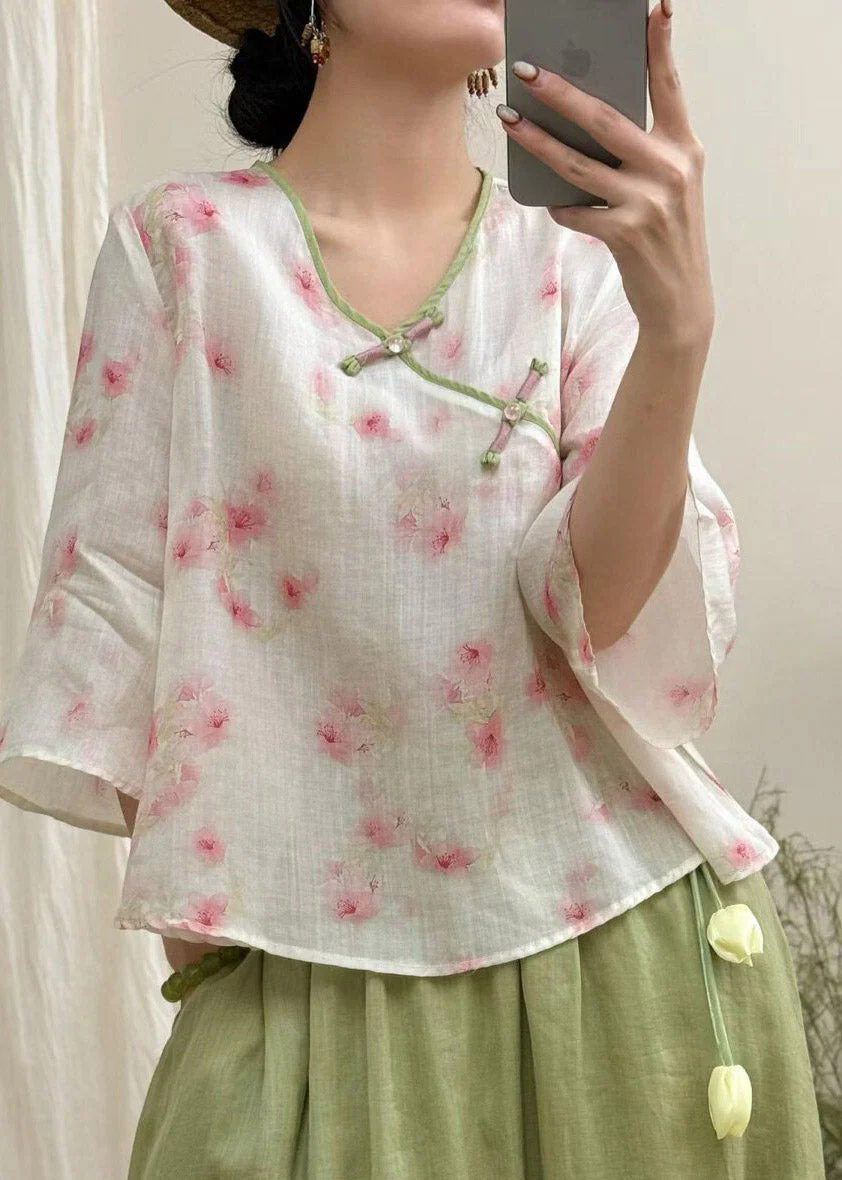 Women Beige Print Button Linen T Shirt Three Quarter Sleeve - Image 3