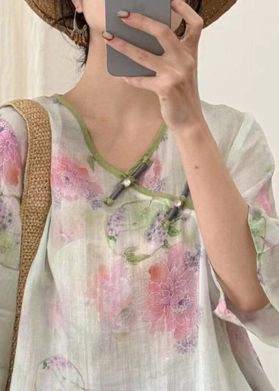 Women Beige Print Button Linen T Shirt Three Quarter Sleeve - Image 4