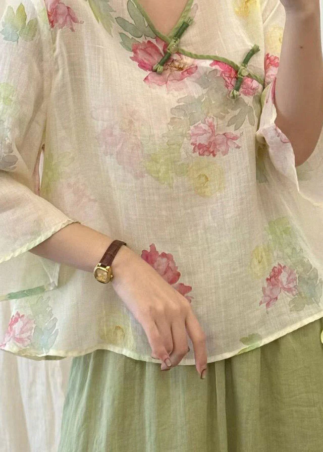 Women Beige Print Button Linen T Shirt Three Quarter Sleeve - Image 5