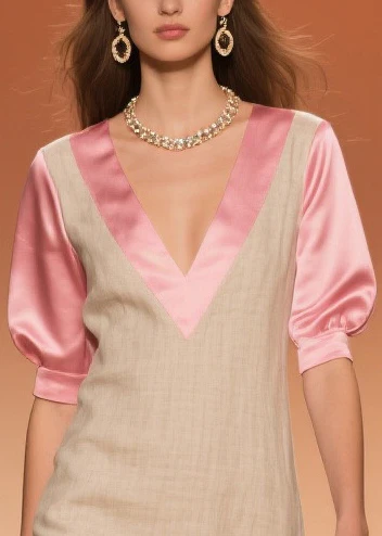 Women Beige Ruffled Patchwork Linen Silk Fake Two Piece Dress Summer - Image 2