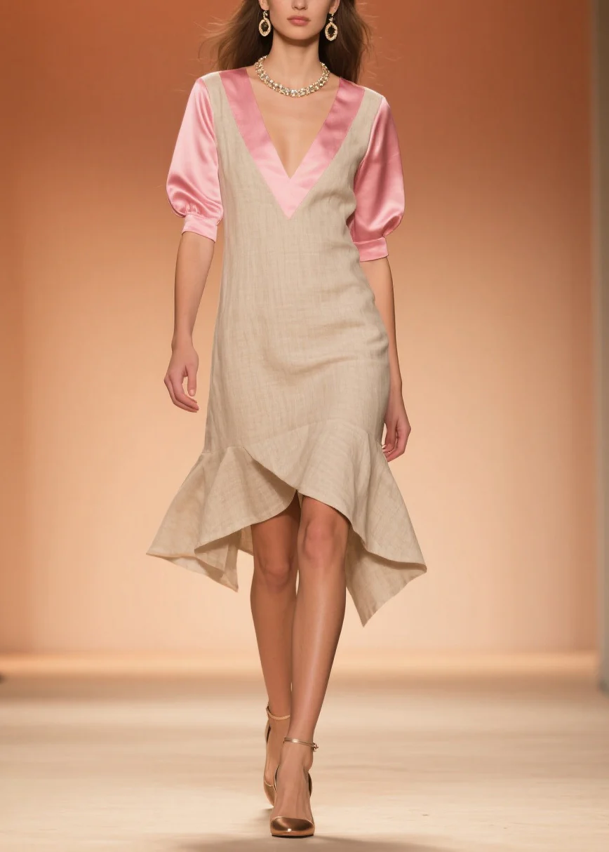 Women Beige Ruffled Patchwork Linen Silk Fake Two Piece Dress Summer - Image 3