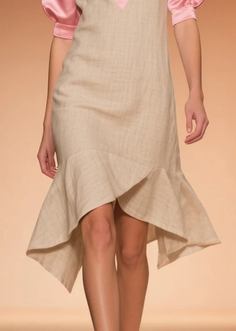 Women Beige Ruffled Patchwork Linen Silk Fake Two Piece Dress Summer - Image 4