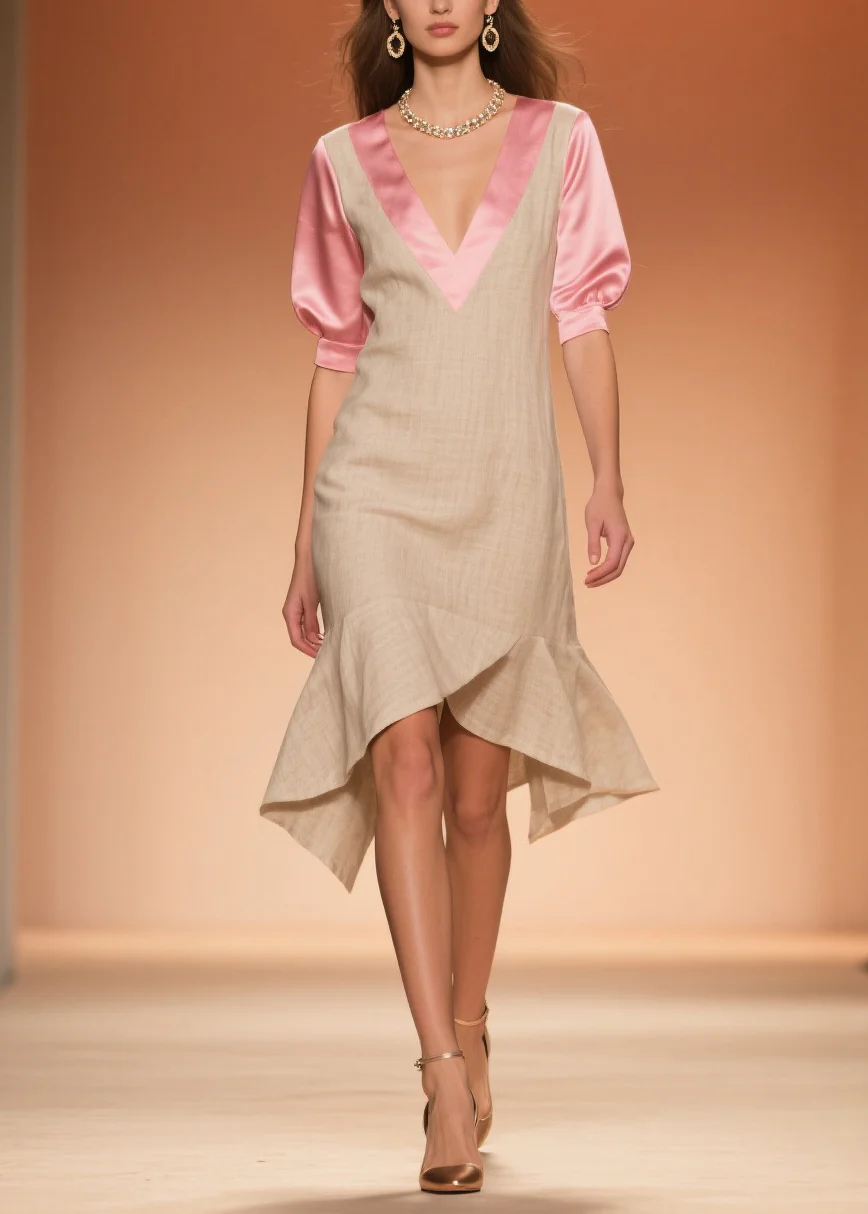 Women Beige Ruffled Patchwork Linen Silk Fake Two Piece Dress Summer - Image 5