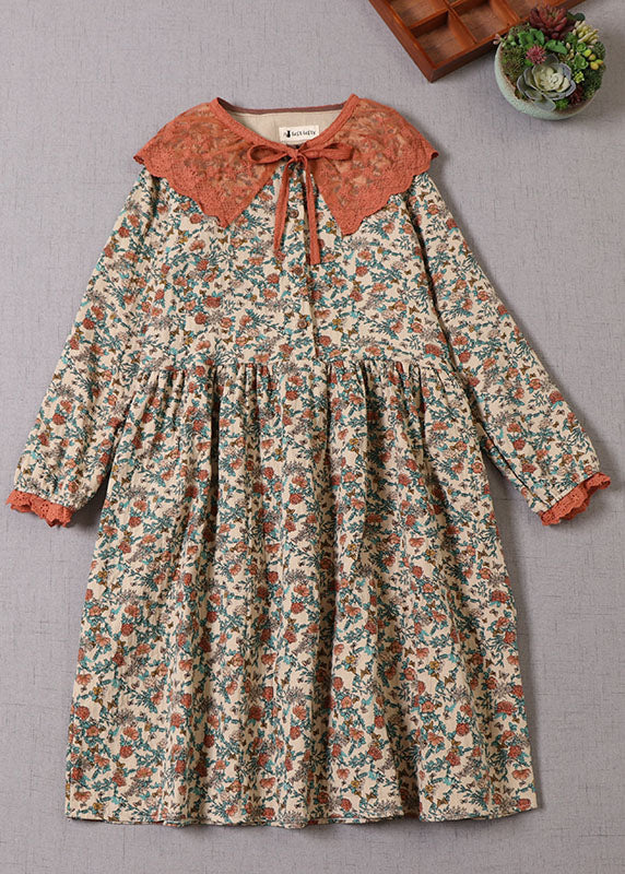 Women Beige Ruffled Print Cotton Dress Long Sleeve - Image 2