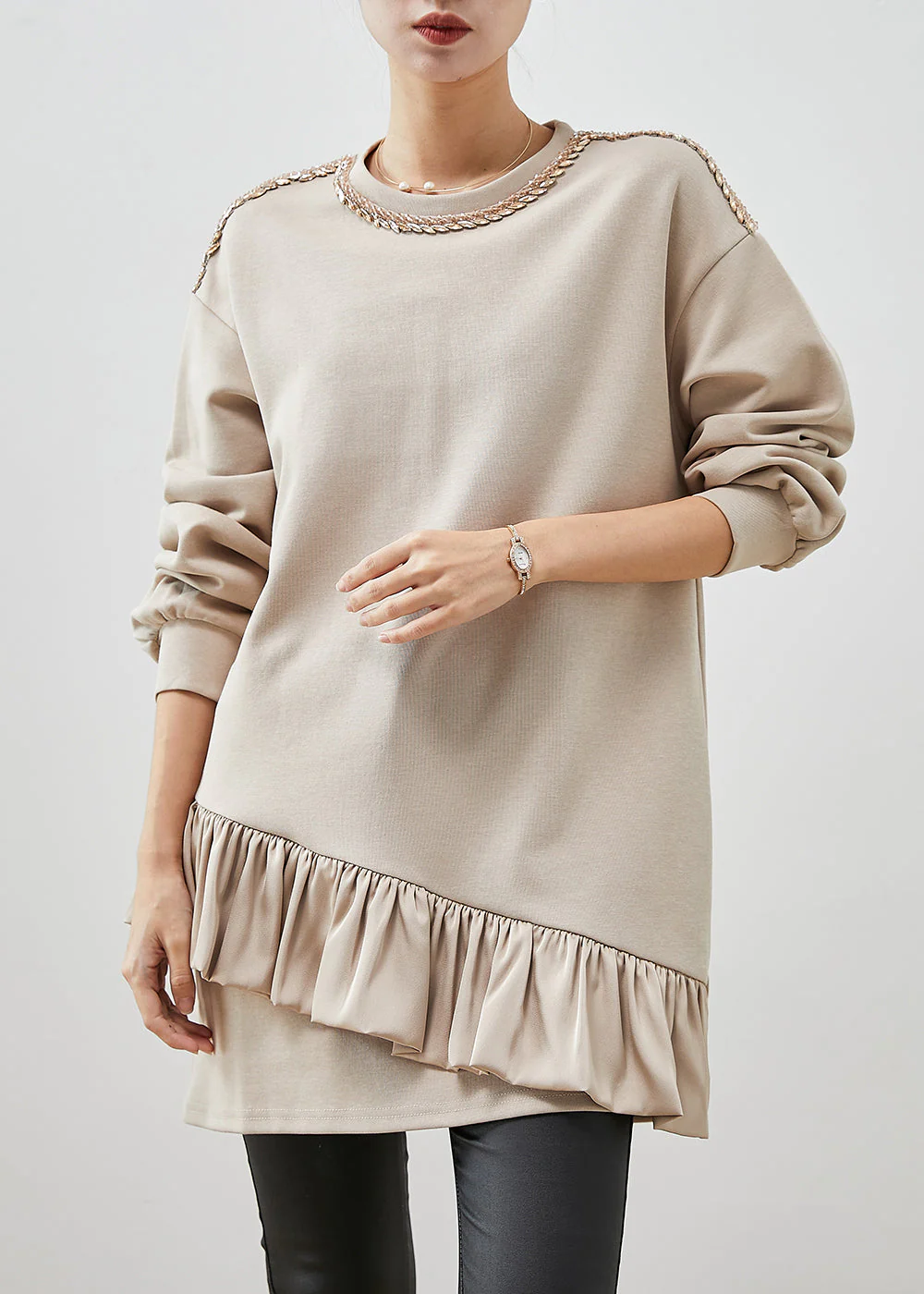 Women Beige Ruffles Patchwork Cotton Mini Dress Spring - Image 2