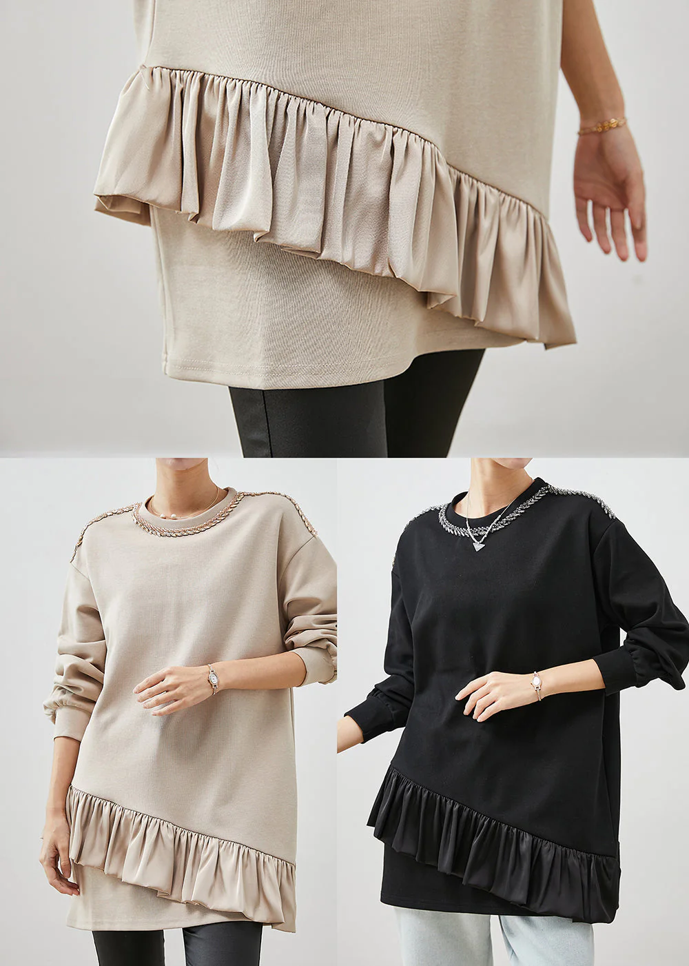 Women Beige Ruffles Patchwork Cotton Mini Dress Spring - Image 5