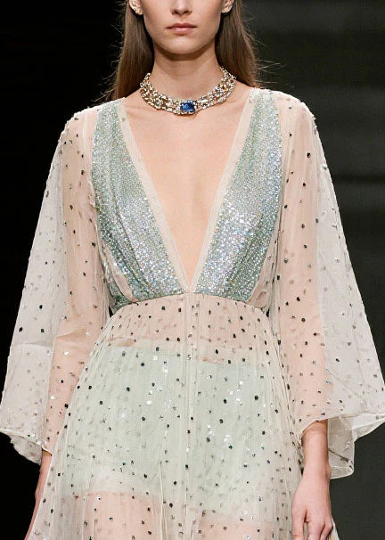 Women Beige Sequins Sheer Tulle Beach Dresses Summer - Image 2