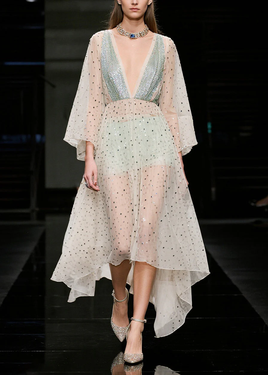 Women Beige Sequins Sheer Tulle Beach Dresses Summer - Image 3