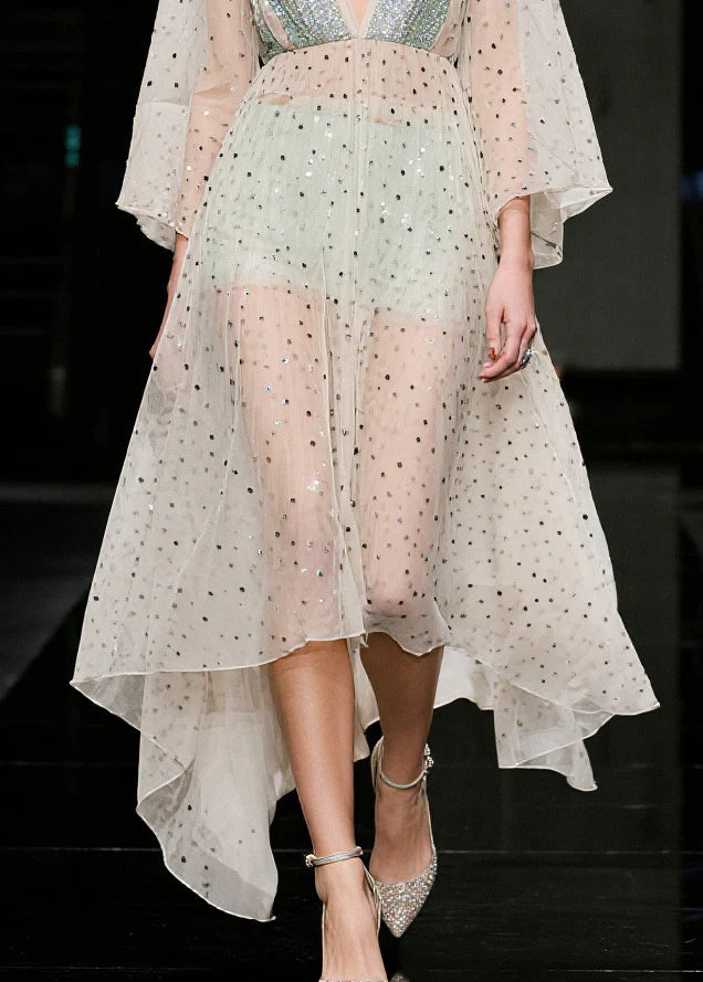 Women Beige Sequins Sheer Tulle Beach Dresses Summer - Image 4
