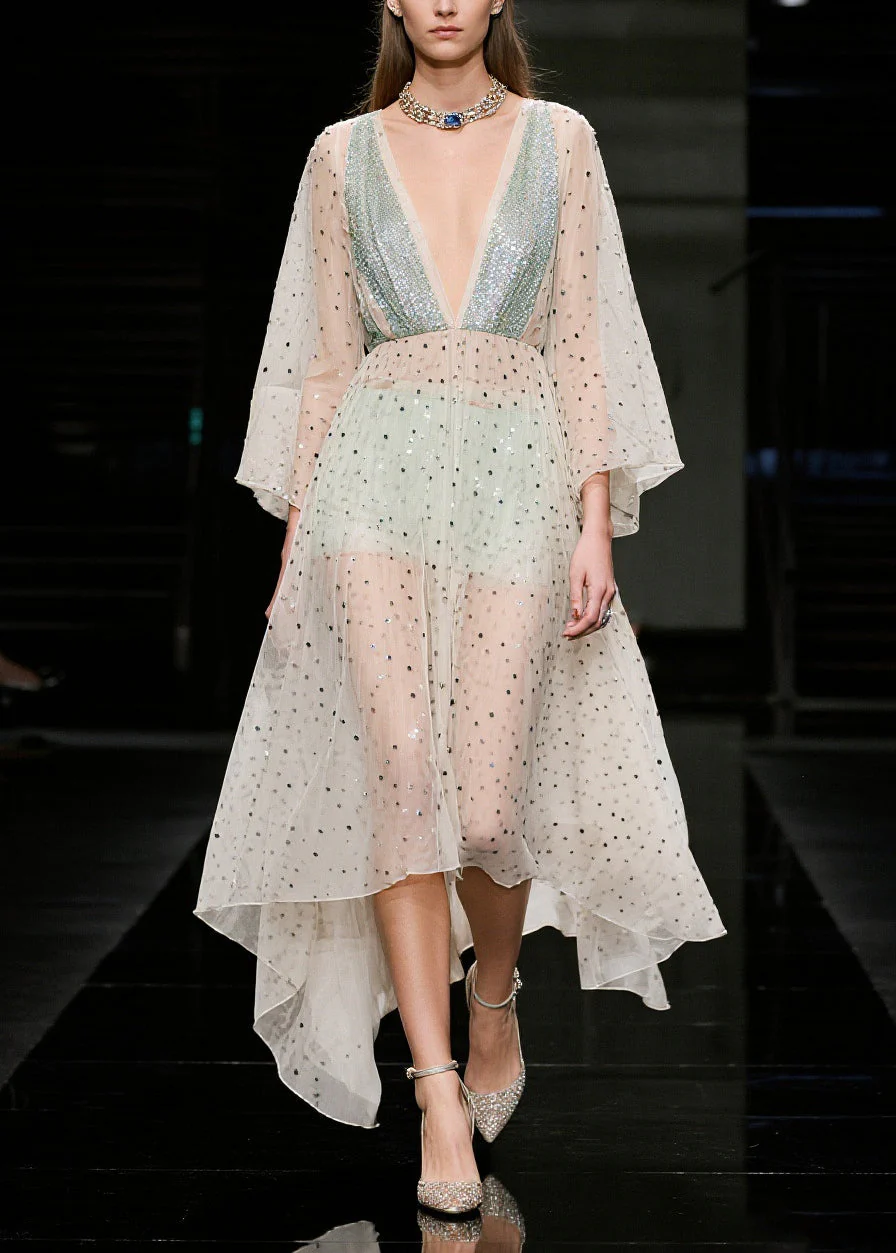 Women Beige Sequins Sheer Tulle Beach Dresses Summer - Image 5