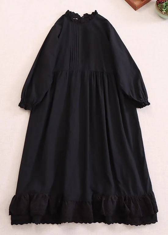 Women Beige Solid Ruffled Cotton Dresses Long Sleeve - Image 2