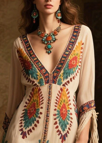 Women Beige Tasseled Print Chiffon Maxi Dresses Summer - Image 2